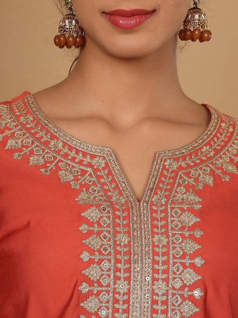 Rust Floral Embroidered Regular Sequinned Straight Kurta With Trouser With Dupatta