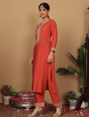 Rust Floral Embroidered Regular Sequinned Straight Kurta With Trouser With Dupatta 6