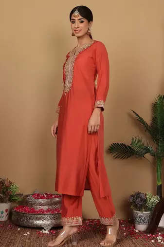 Rust Floral Embroidered Regular Sequinned Straight Kurta With Trouser With Dupatta