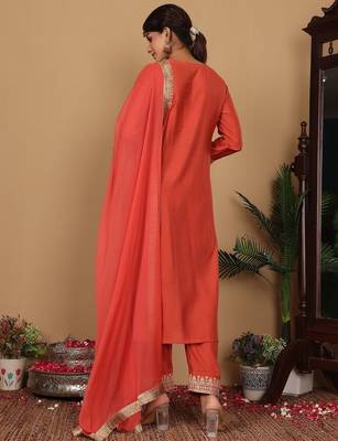 Rust Floral Embroidered Regular Sequinned Straight Kurta With Trouser With Dupatta 7