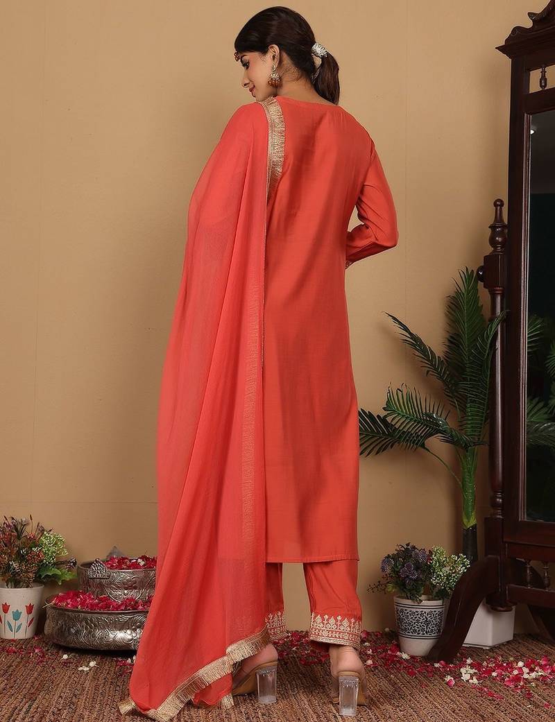 Rust Floral Embroidered Regular Sequinned Straight Kurta With Trouser With Dupatta