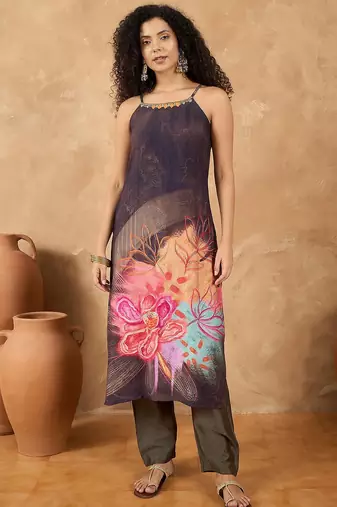 Women Spaghetti strap floral kurta with trousers
