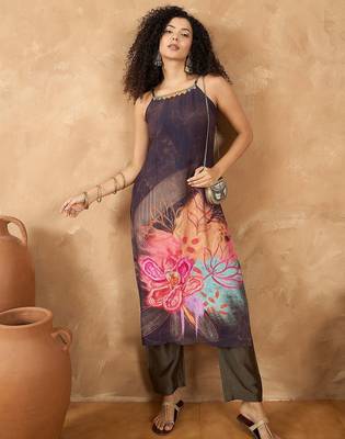 Women Spaghetti strap floral kurta with trousers 7