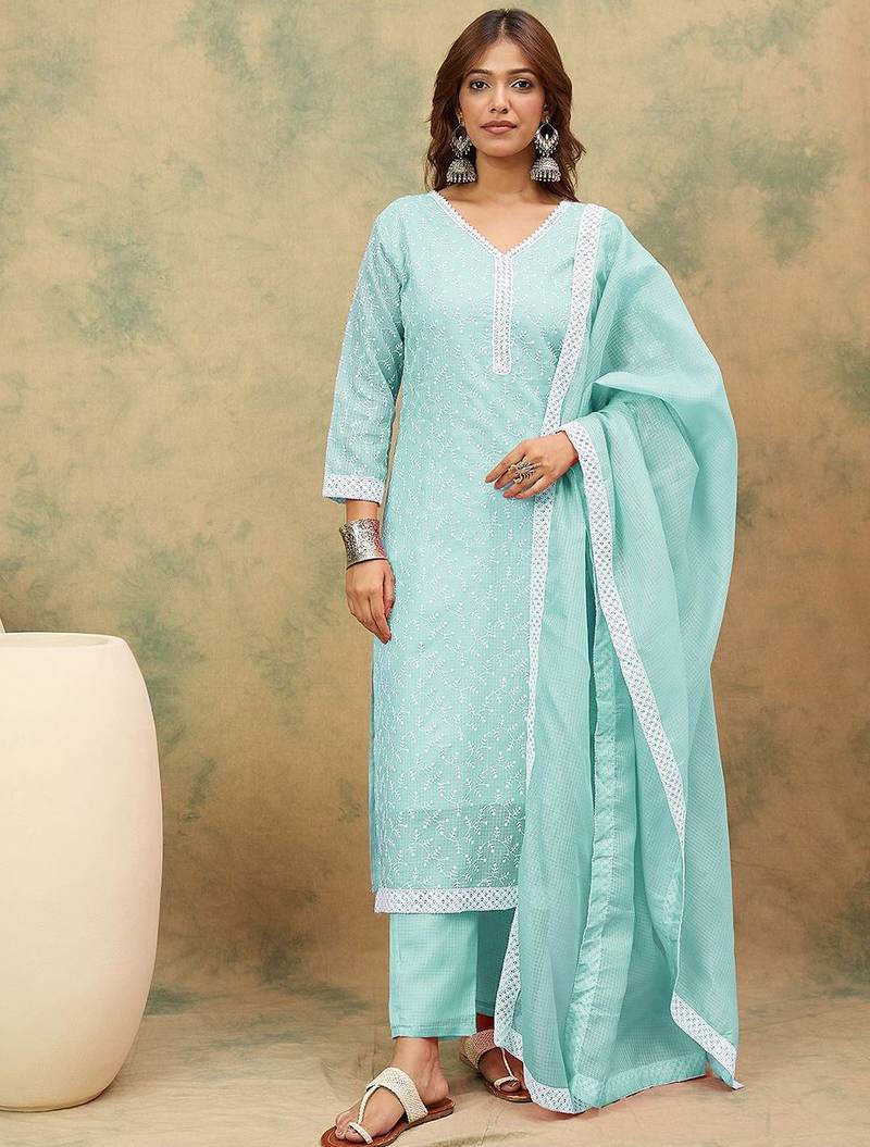 Women Floral Embroidered Chikankari Kurta With Trousers & Dupatta