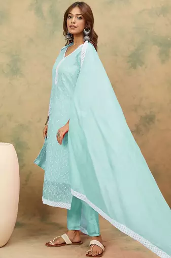 Women Floral Embroidered Chikankari Kurta With Trousers & Dupatta