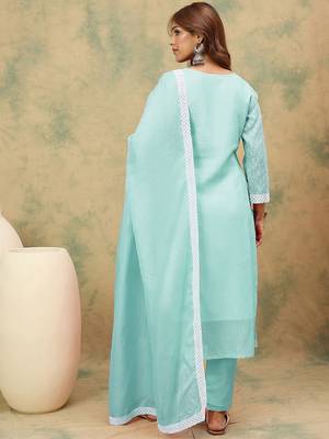 Women Floral Embroidered Chikankari Kurta With Trousers & Dupatta 6