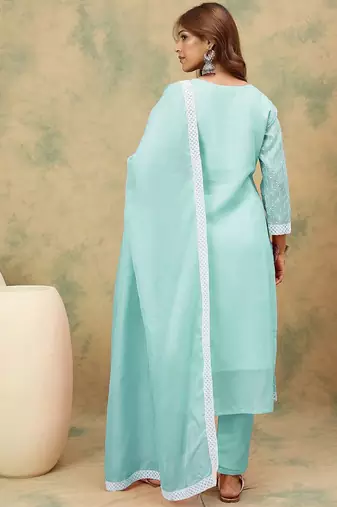 Women Floral Embroidered Chikankari Kurta With Trousers & Dupatta