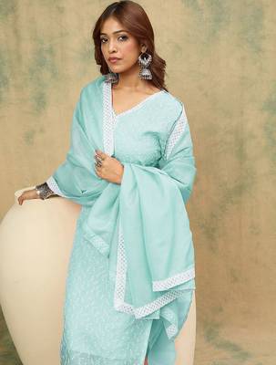 Women Floral Embroidered Chikankari Kurta With Trousers & Dupatta 7