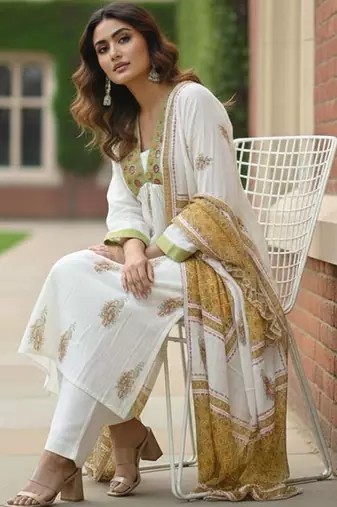 Women Ethnic Motifs Printed Empire Mirror Work Pure Cotton Kurta with Trousers & With Dupatta