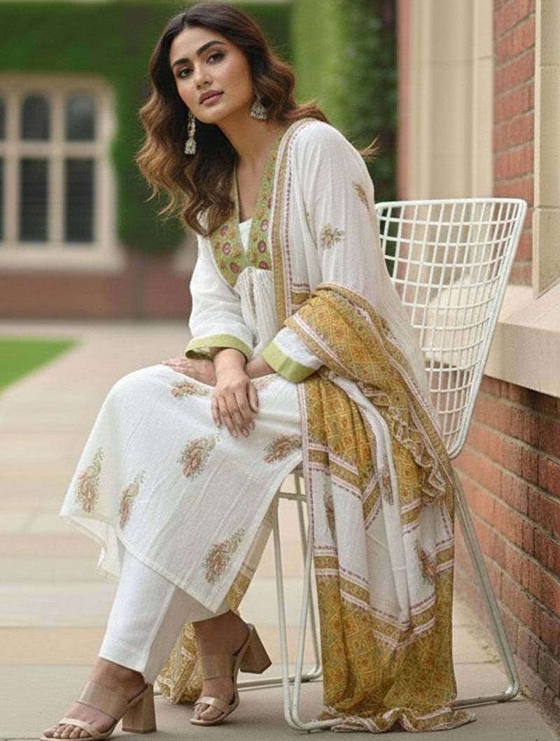 Women Ethnic Motifs Printed Empire Mirror Work  Cotton Kurta with Trousers & With Dupatta