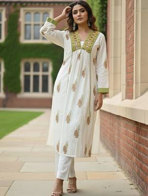 Women Ethnic Motifs Printed Empire Mirror Work  Cotton Kurta with Trousers & With Dupatta 1