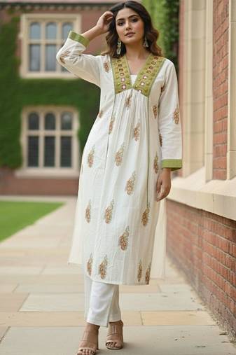 Women Ethnic Motifs Printed Empire Mirror Work  Cotton Kurta with Trousers & With Dupatta