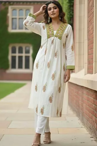 Women Ethnic Motifs Printed Empire Mirror Work Pure Cotton Kurta with Trousers & With Dupatta