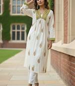 Women Ethnic Motifs Printed Empire Mirror Work  Cotton Kurta with Trousers & With Dupatta