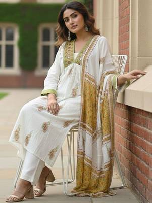 Women Ethnic Motifs Printed Empire Mirror Work  Cotton Kurta with Trousers & With Dupatta 3