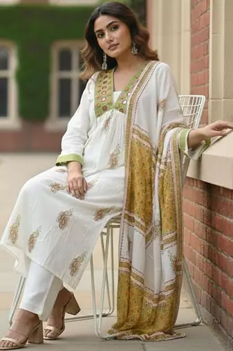 Women Ethnic Motifs Printed Empire Mirror Work Pure Cotton Kurta with Trousers & With Dupatta