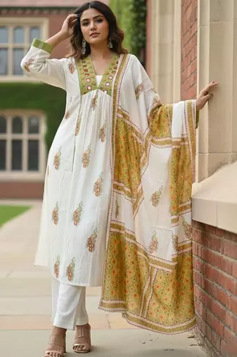 Women Ethnic Motifs Printed Empire Mirror Work Pure Cotton Kurta with Trousers & With Dupatta