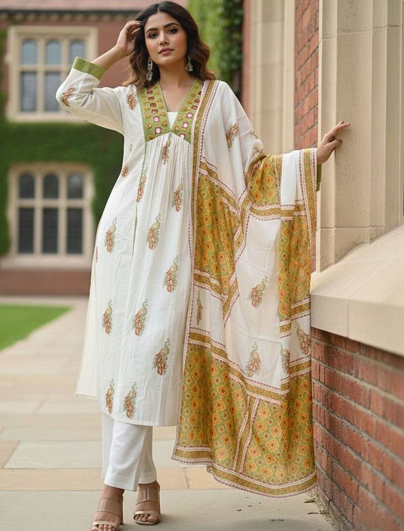 Women Ethnic Motifs Printed Empire Mirror Work  Cotton Kurta with Trousers & With Dupatta