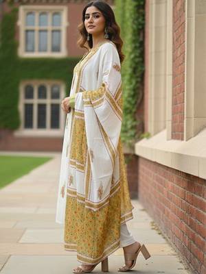 Women Ethnic Motifs Printed Empire Mirror Work  Cotton Kurta with Trousers & With Dupatta 5