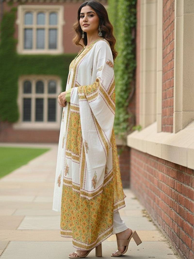 Women Ethnic Motifs Printed Empire Mirror Work  Cotton Kurta with Trousers & With Dupatta