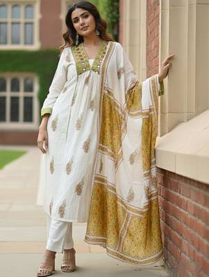 Women Ethnic Motifs Printed Empire Mirror Work  Cotton Kurta with Trousers & With Dupatta 6