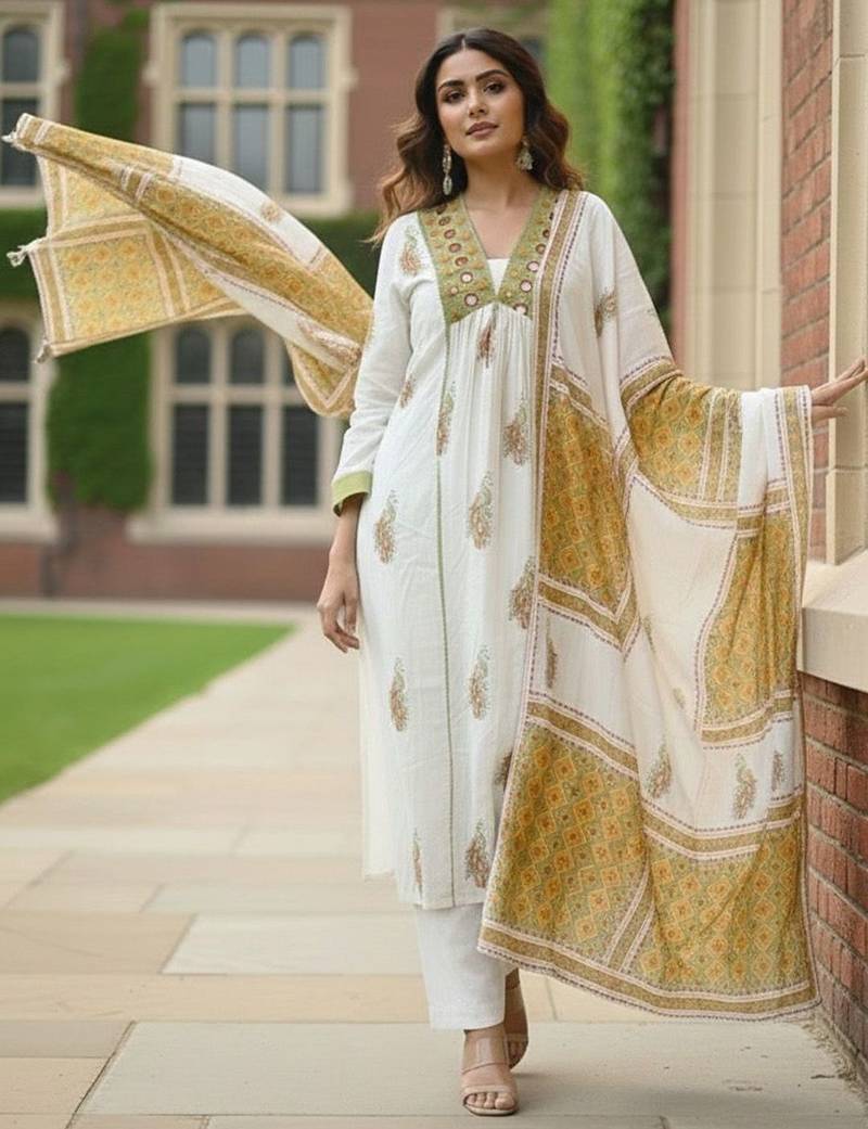 Women Ethnic Motifs Printed Empire Mirror Work  Cotton Kurta with Trousers & With Dupatta