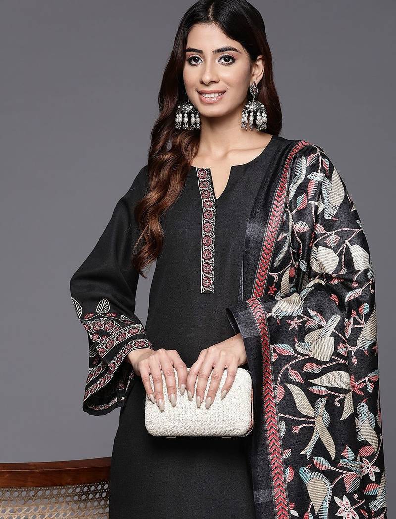 Floral Embroidered Thread Work Kurta with Trousers & Dupatta