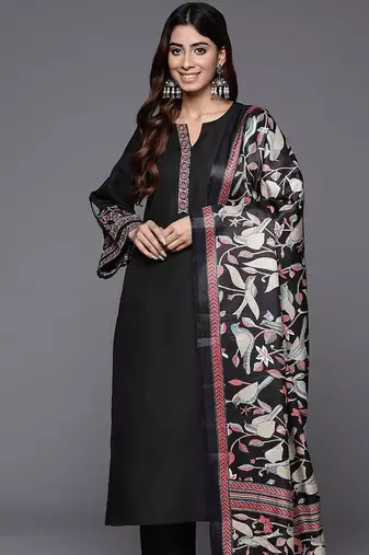 Floral Embroidered Thread Work Kurta with Trousers & Dupatta