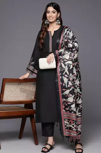Floral Embroidered Thread Work Kurta with Trousers & Dupatta