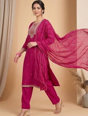 Women Ethnic Motifs Embroidered Regular Thread Work Kurta with Trousers & With Dupatta 1