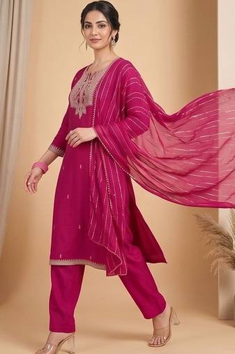 Women Ethnic Motifs Embroidered Regular Thread Work Kurta with Trousers & With Dupatta