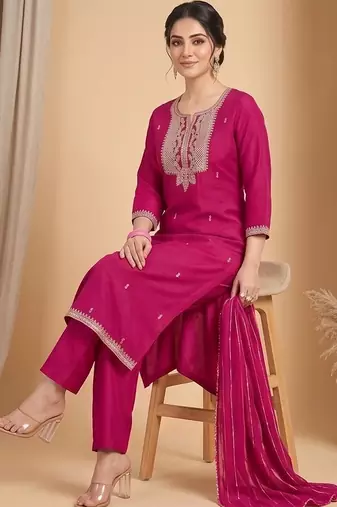 Women Ethnic Motifs Embroidered Regular Thread Work Kurta with Trousers & With Dupatta