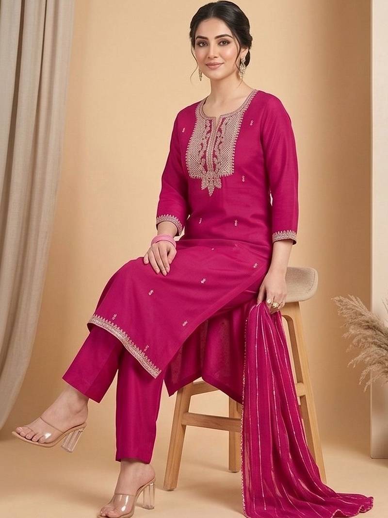 Women Ethnic Motifs Embroidered Regular Thread Work Kurta with Trousers & With Dupatta