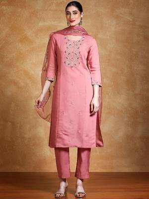 Yoke Design Zari Round Neck Straight Kurta With Trousers & Dupatta 1