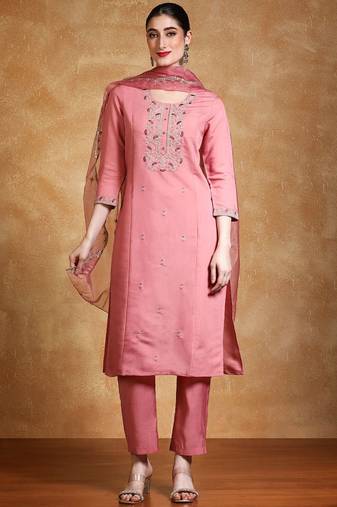 Yoke Design Zari Round Neck Straight Kurta With Trousers & Dupatta