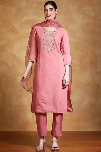 Yoke Design Zari Round Neck Straight Kurta With Trousers & Dupatta