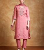 Yoke Design Zari Round Neck Straight Kurta With Trousers & Dupatta
