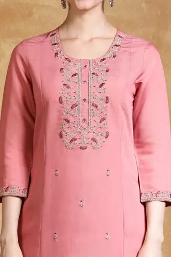 Yoke Design Zari Round Neck Straight Kurta With Trousers & Dupatta