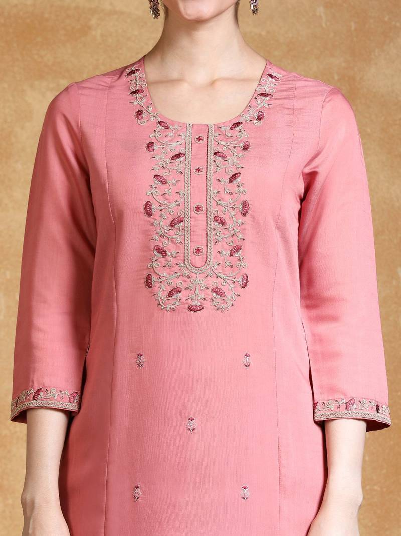 Yoke Design Zari Round Neck Straight Kurta With Trousers & Dupatta