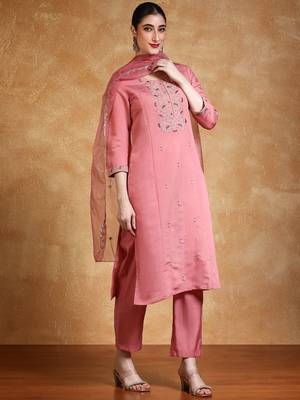 Yoke Design Zari Round Neck Straight Kurta With Trousers & Dupatta 3