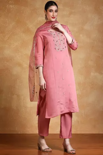 Yoke Design Zari Round Neck Straight Kurta With Trousers & Dupatta