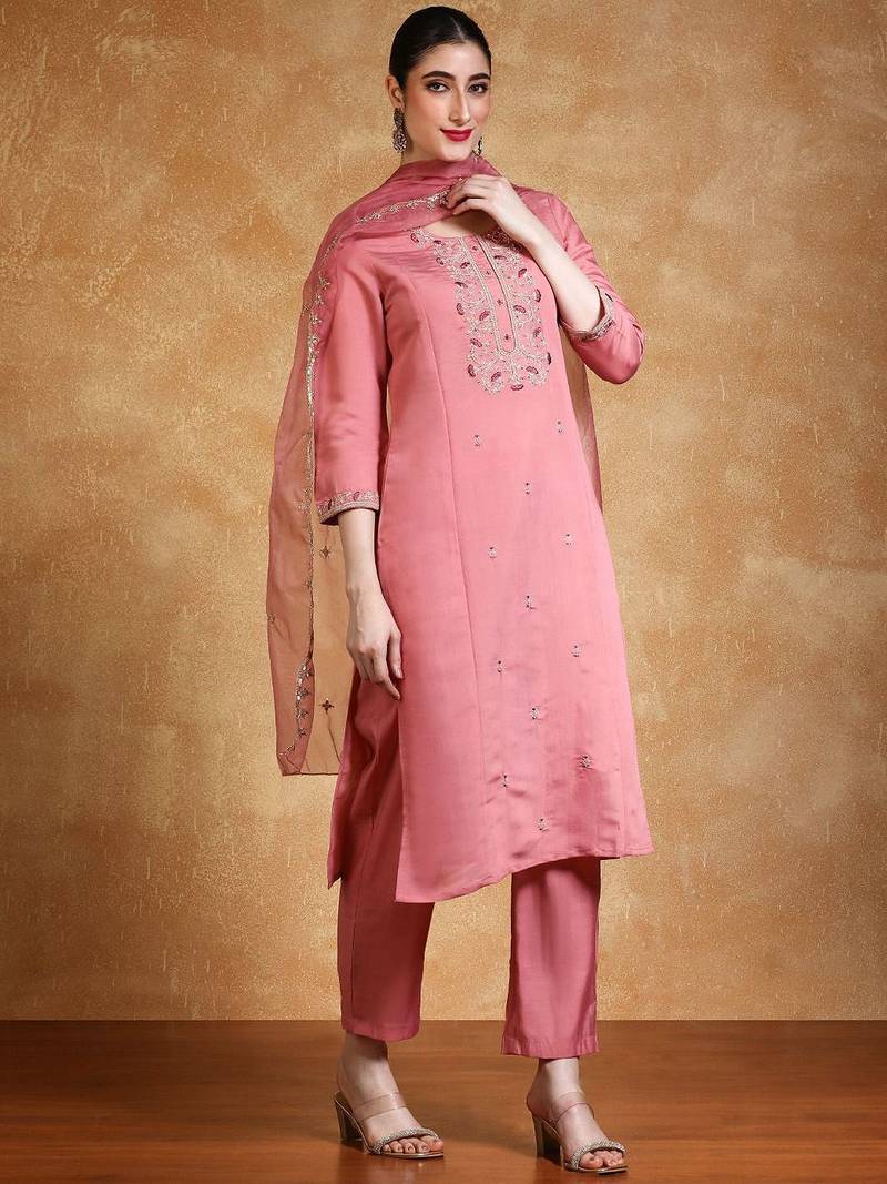 Yoke Design Zari Round Neck Straight Kurta With Trousers & Dupatta