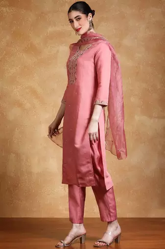 Yoke Design Zari Round Neck Straight Kurta With Trousers & Dupatta