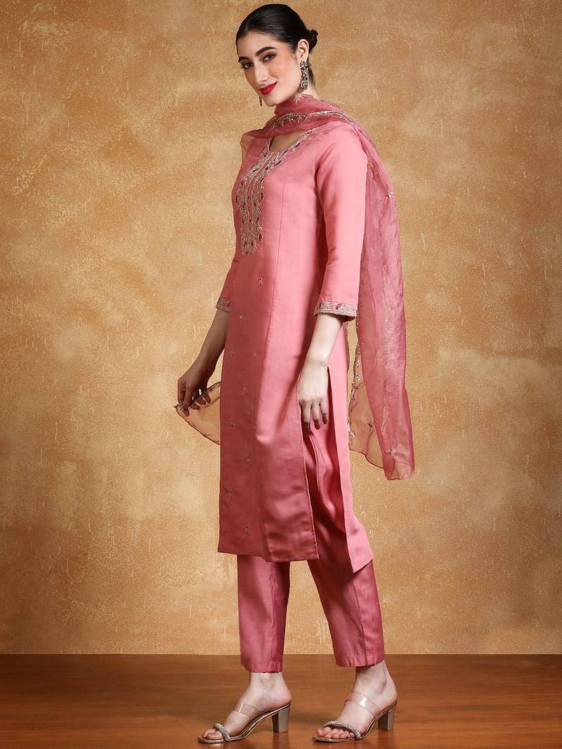 Yoke Design Zari Round Neck Straight Kurta With Trousers & Dupatta