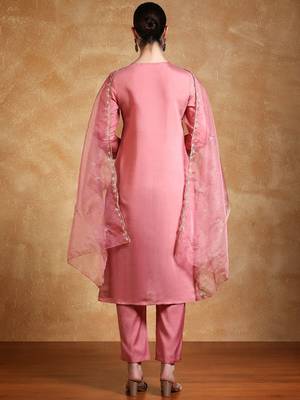 Yoke Design Zari Round Neck Straight Kurta With Trousers & Dupatta 5