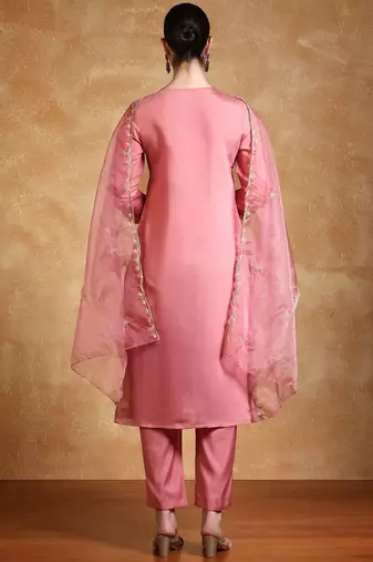 Yoke Design Zari Round Neck Straight Kurta With Trousers & Dupatta