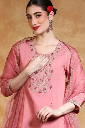Yoke Design Zari Round Neck Straight Kurta With Trousers & Dupatta