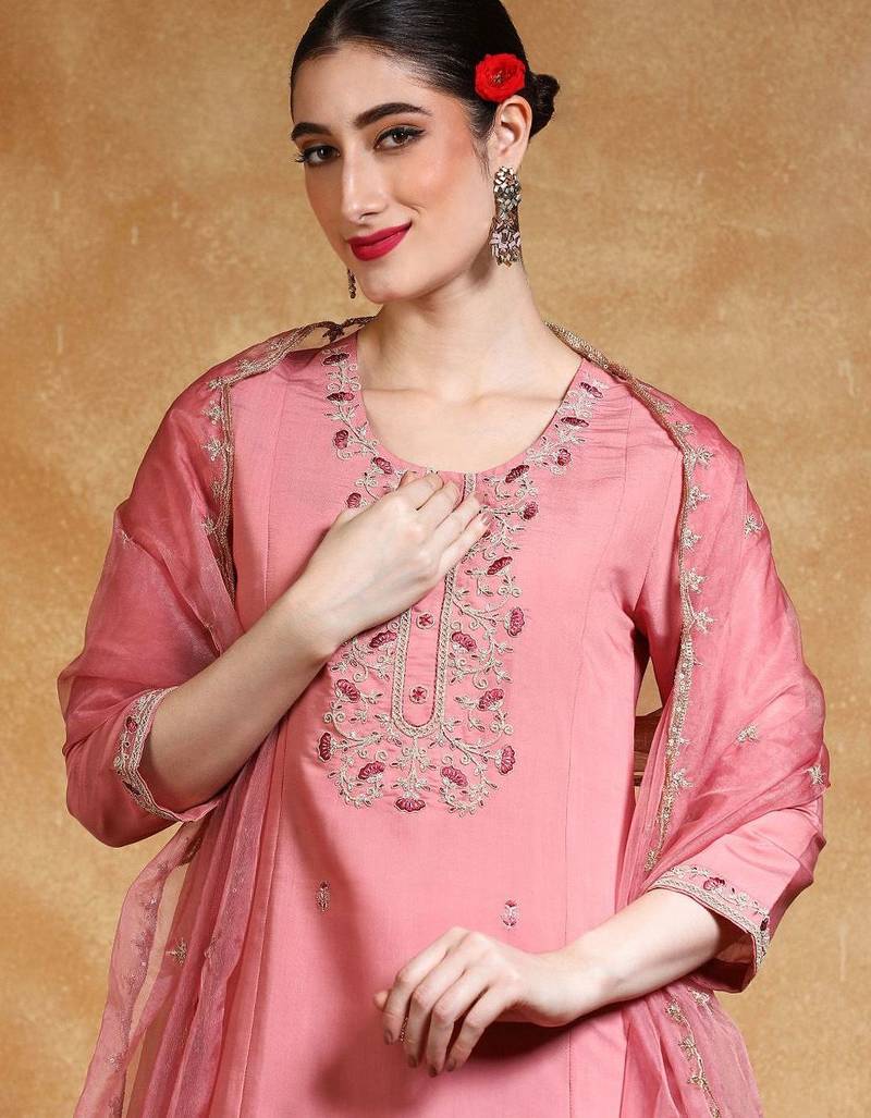 Yoke Design Zari Round Neck Straight Kurta With Trousers & Dupatta