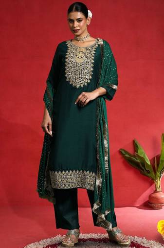 Women Ethnic Motifs Embroidered Kurta with Trouser & Dupatta