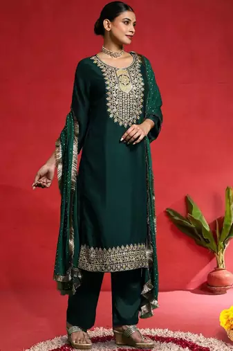 Women Ethnic Motifs Embroidered Kurta with Trouser & Dupatta
